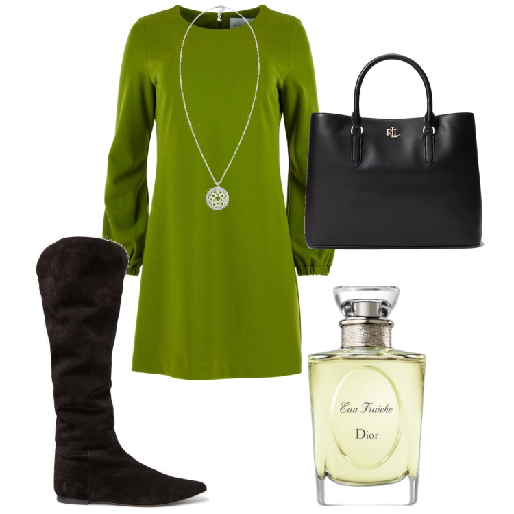 Outfit donna - Ufficio. Stile Casual chic per Ufficio. Abbinamento con profumi, borse a mano, stivali sopra il ginocchio, vestiti midi/longuette, ciondoli.