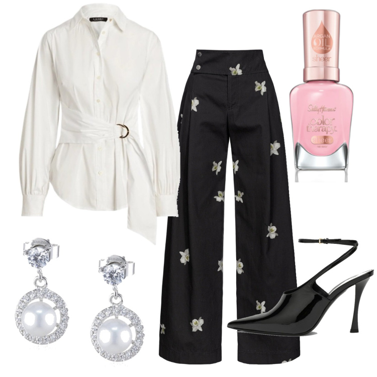 Outfit donna - I pantaloni coi fiori. Stile Chic per Serata fuori. Abbinamento con smalti, pantaloni, camicie, orecchini, scarpe col tacco.