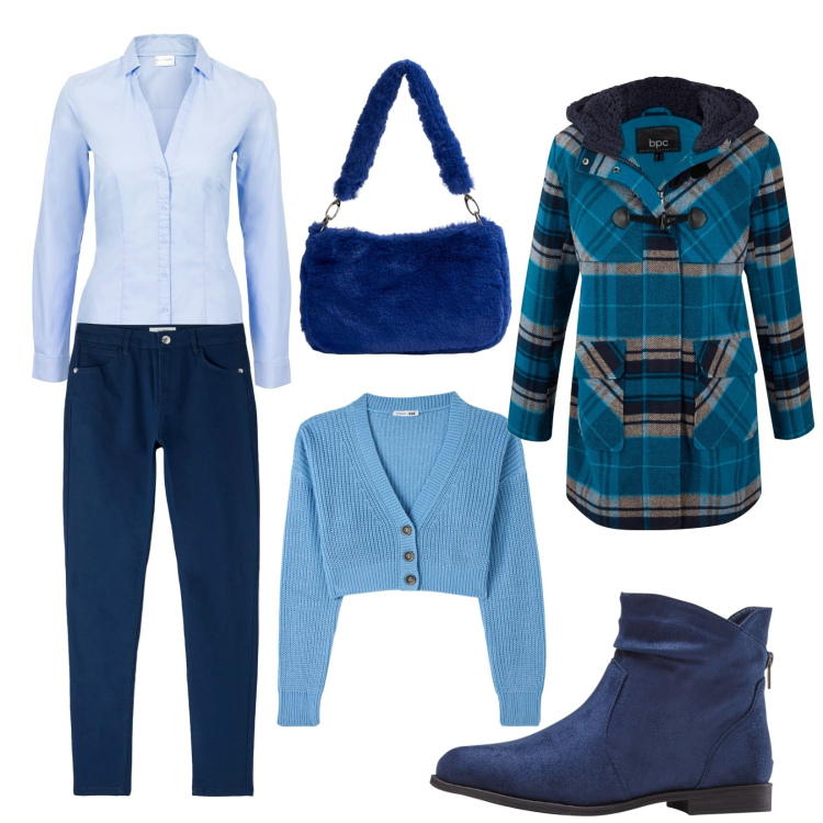 Outfit donna - Blue Lisa. Stile Casual per Tutti i giorni. Abbinamento con camicie, stivaletti, montgomery, pantaloni, borse a spalla, cardigans.