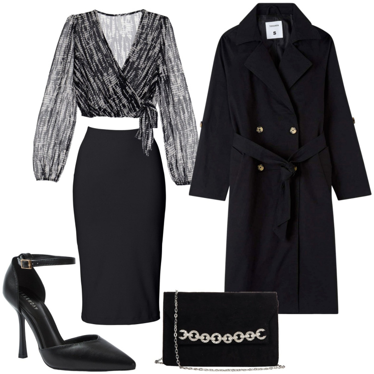Outfit donna - Serata libera. Stile Chic per Serata fuori. Abbinamento con gonne longuette, décolleté, trench, pochette, camicie.