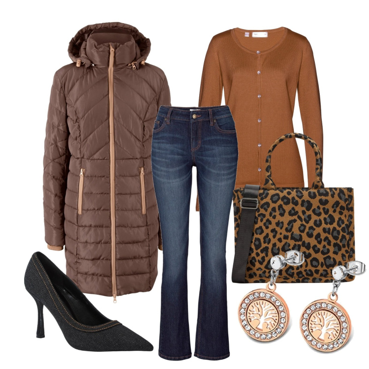 Outfit donna - Ghost outfitter - gennaio. Stile Trendy per Tutti i giorni. Abbinamento con jeans bootcut, blazer, cardigans, shopping bag, décolleté, orecchini.