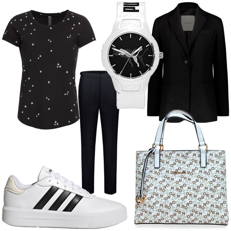 Outfit donna - Chic con le sneakers. Stile Sporty chic per Tutti i giorni. Abbinamento con maglieria, pantaloni, sneakers, borse a mano, blazer, orologi.