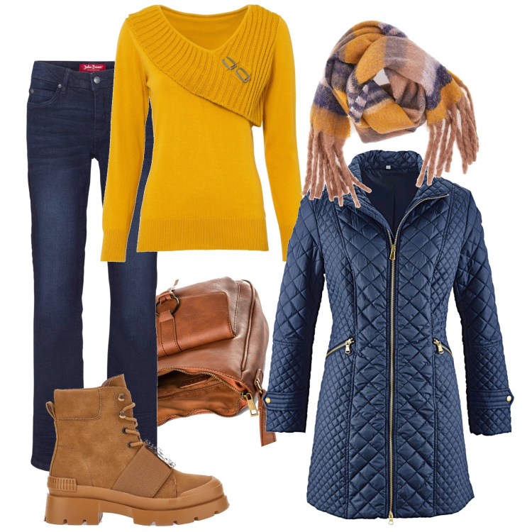 Outfit donna - Raggio di sole al freddo. Stile Casual per Tutti i giorni. Abbinamento con blazer, jeans bootcut, borse a tracolla, maglieria, anfibi, sciarpe.