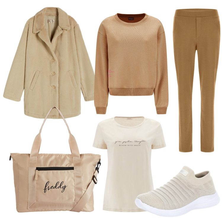 Outfit donna - Sporty e comoda. Stile Sporty chic per Tutti i giorni. Abbinamento con cappotti, pantaloni, sneakers, t-shirt, felpe, borse tote.