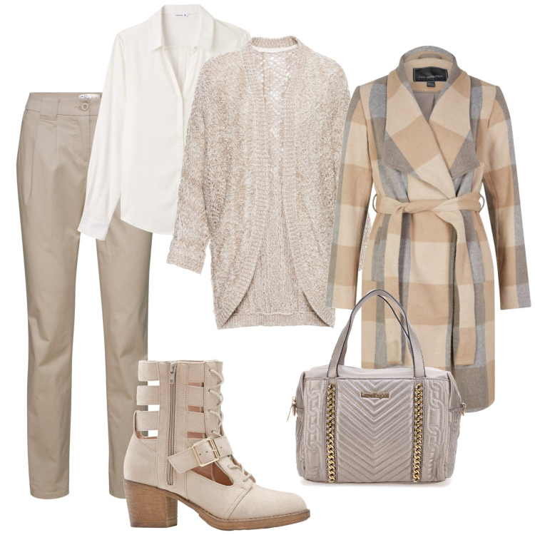 Outfit donna - Latte macchiato in ufficio. Stile Casual chic per Ufficio. Abbinamento con pantaloni chino, cardigans, cappotti, stivaletti, camicie, borse a mano.