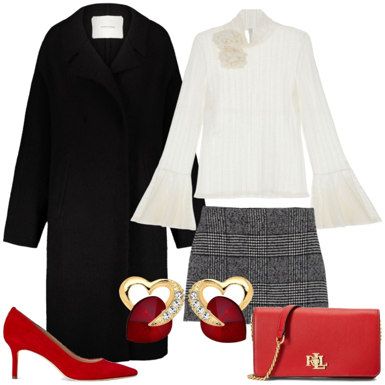 Outfit donna - Cena con lui. Stile Chic per Serata fuori. Abbinamento con maglieria, décolleté, borse a mano, minigonne, cappotti, orecchini.