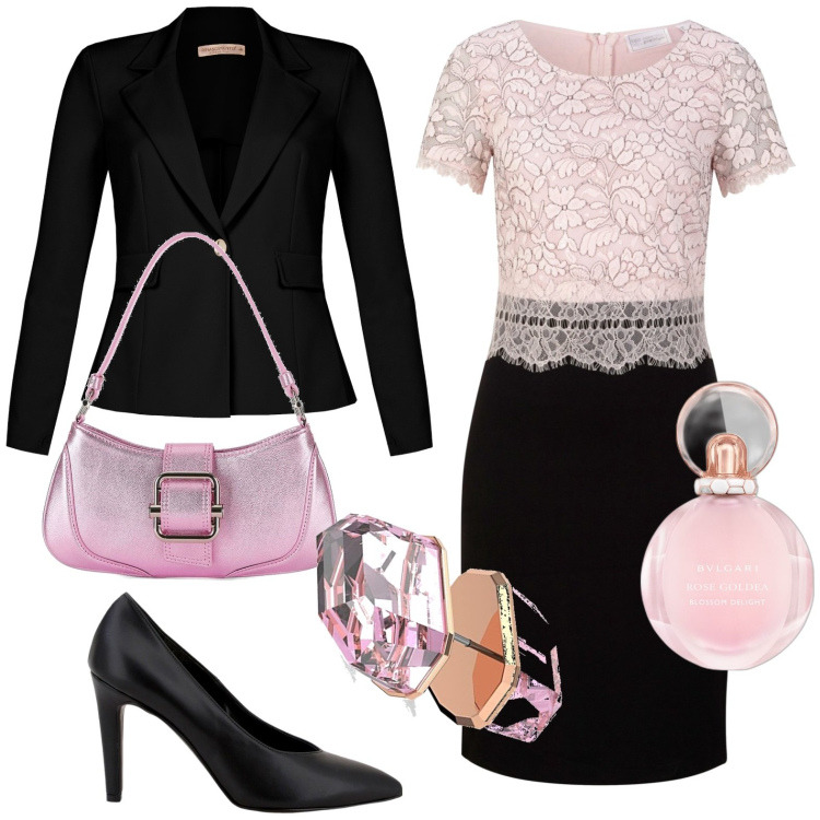 Outfit donna - Elegante. Stile Chic per Serata fuori. Abbinamento con vestiti, profumi, cappotti, décolleté, orecchini, borse a spalla.
