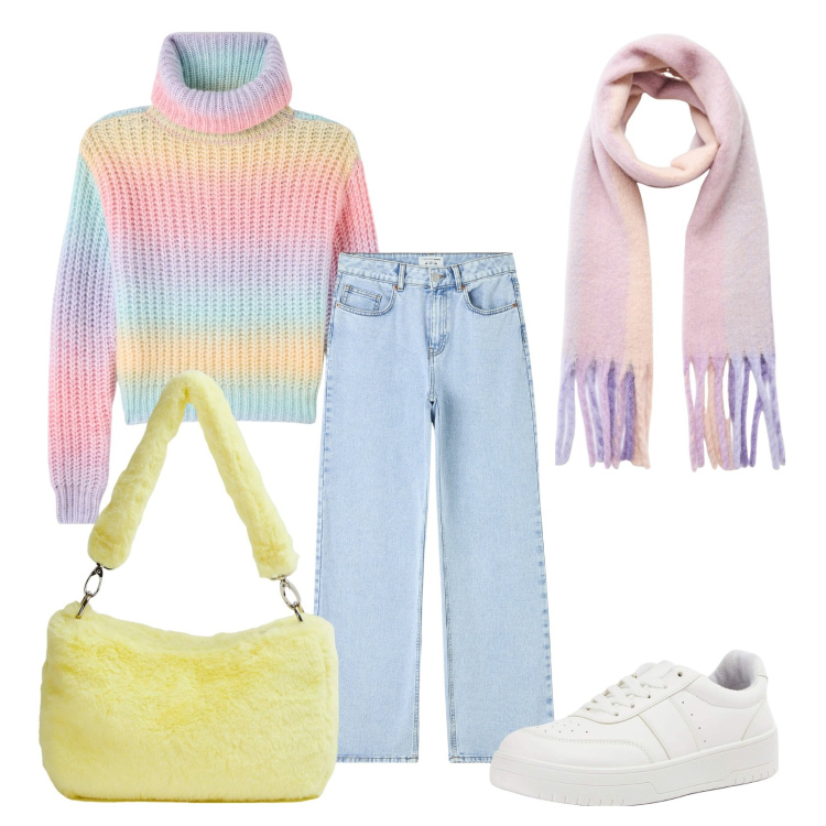 Outfit donna - She\'s a rainbow. Stile Casual per Scuola/Università. Abbinamento con jeans, maglieria, borse a spalla, sciarpe, sneakers.