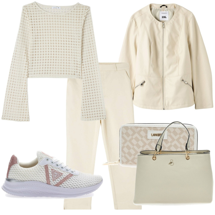 Outfit donna - Panna. Stile Casual per Tutti i giorni. Abbinamento con maglieria, pantaloni chino, blazer, sneakers, borse a mano, portafogli.