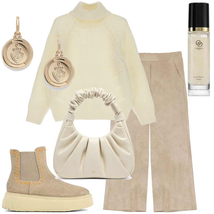 Outfit donna - Toni beige. Stile Casual per Tutti i giorni. Abbinamento con primer, maglieria, orecchini, pantaloni, stivaletti, borse a mano.