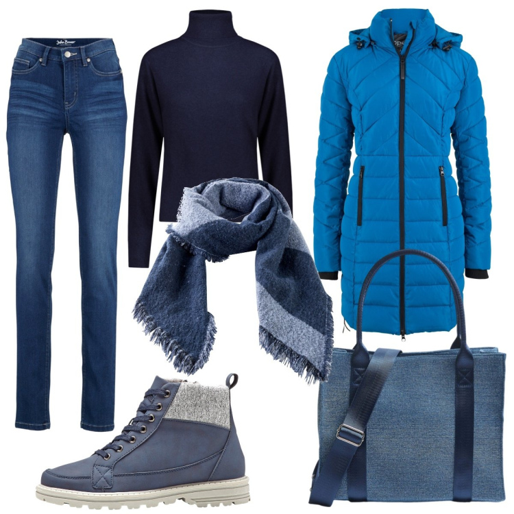 Outfit donna - In blu al caldo. Stile Casual per Tutti i giorni. Abbinamento con jeans slim fit, blazer, stivaletti, sciarpe, shopping bag, maglieria.