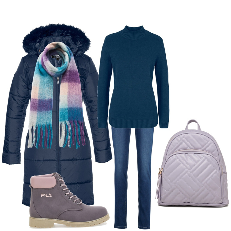 Outfit donna - Blu e lilla. Stile Casual per Tutti i giorni. Abbinamento con jeans slim fit, maglieria, cappotti, sciarpe, zaini, stivaletti.
