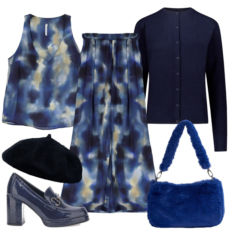 Outfit donna - Acquarello. Stile Trendy per Tutti i giorni. Abbinamento con borse a spalla, pantaloni a palazzo, canottiere, cappelli e berretti, mocassini, cardigans.