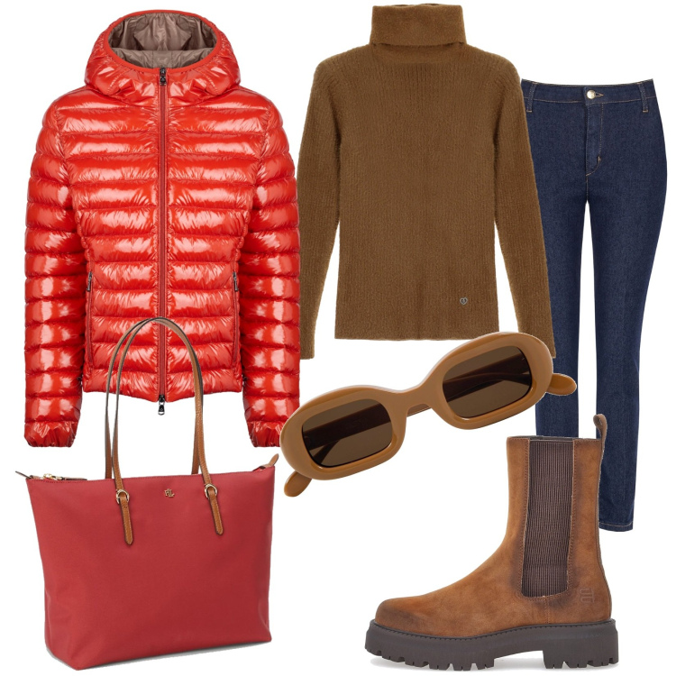 Outfit donna - Saldissimi!. Stile Urban per Tutti i giorni. Abbinamento con jeans skinny, maglieria, borse tote, blazer, stivaletti chelsea, occhiali da sole.
