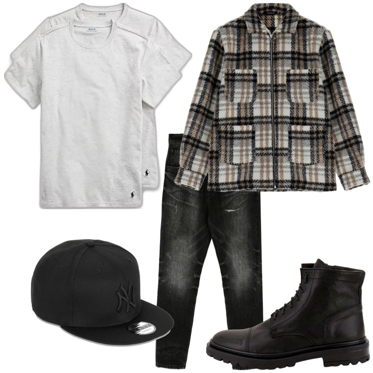 Outfit uomo - Total look #1798689. Stile Casual per Tutti i giorni. Abbinamento con jeans slim fit, scarpe stringate, cappotti, magliette intime, cappelli con visiera.