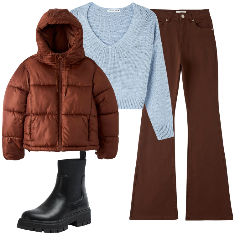 Outfit donna - Sportiva in marrone e azzurro. Stile Casual per Tutti i giorni. Abbinamento con pantaloni, piumini, maglieria, stivali sopra il ginocchio.
