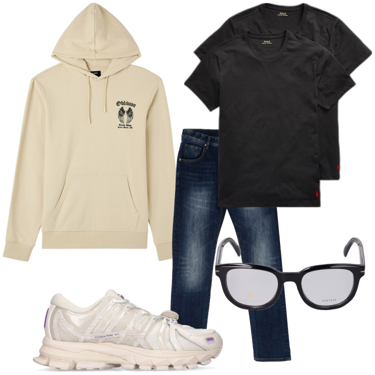 Outfit uomo - Fronte-retro. Stile Urban per Tutti i giorni. Abbinamento con felpe con cappuccio, jeans dritti, t-shirt, occhiali da sole, sneakers.