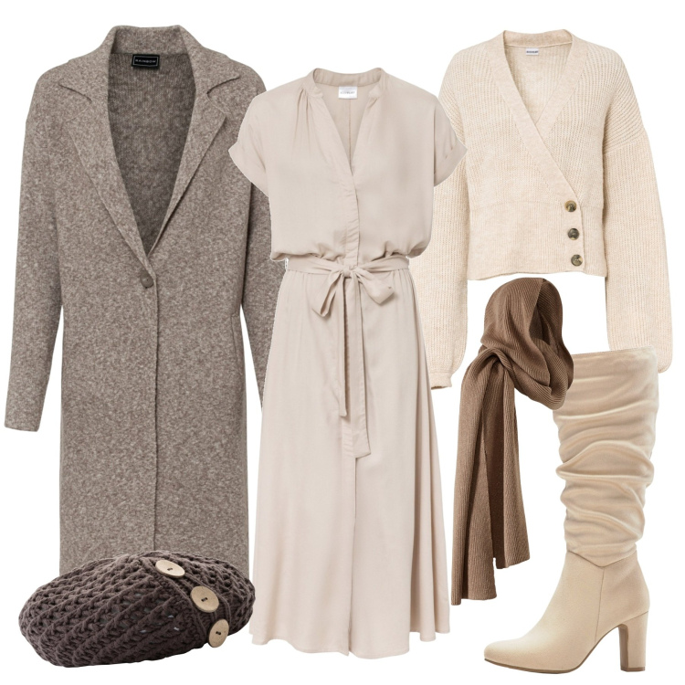 Outfit donna - So chic. Stile Chic per Serata fuori. Abbinamento con vestiti chemisier, cappotti, berretti, maglieria, stivali sopra il ginocchio, sciarpe.
