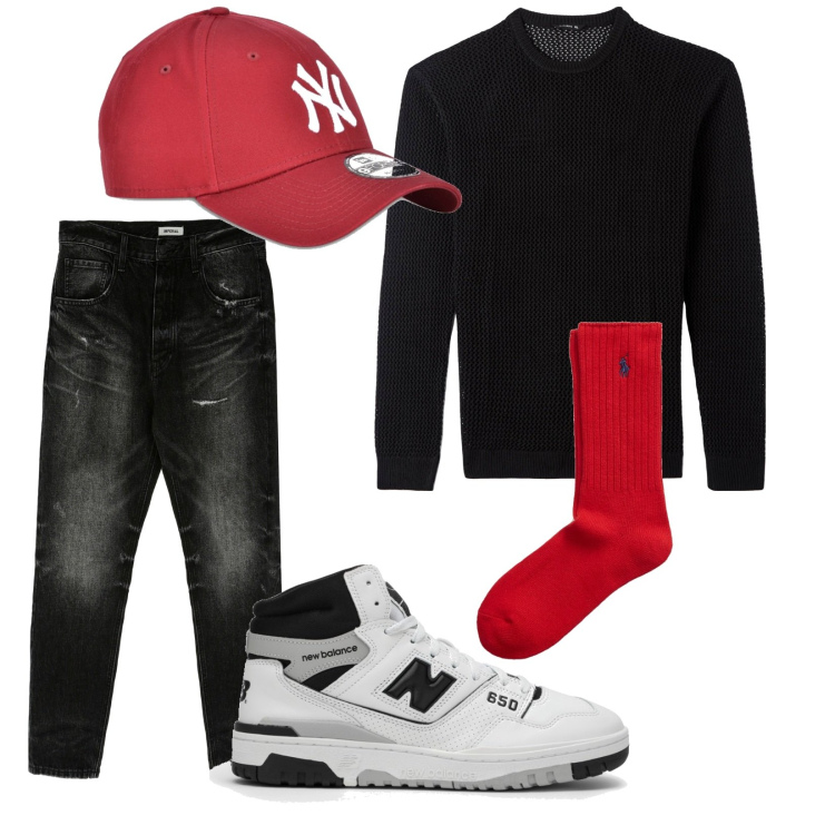 Outfit uomo - Total look #1798697. Stile Urban per Tutti i giorni. Abbinamento con maglieria, jeans slim fit, calzini, sneakers alte, cappelli con visiera.