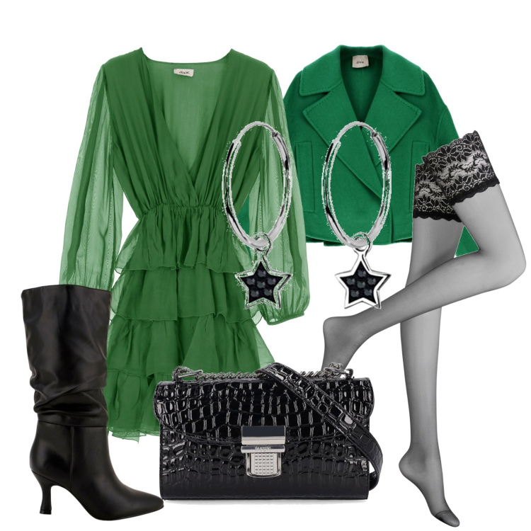 Outfit donna - Ghost outfitter - gennaio. Stile Trendy per Serata fuori. Abbinamento con collant, stivali, vestiti corti, cappotti, borse a spalla, orecchini.