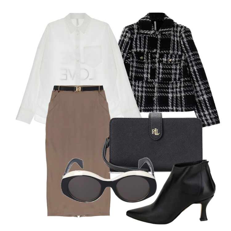 Outfit donna - Ghost outfitter - gennaio. Stile Chic per Tutti i giorni. Abbinamento con gonne longuette, camicie, blazer, stivaletti, pochette, occhiali da sole.