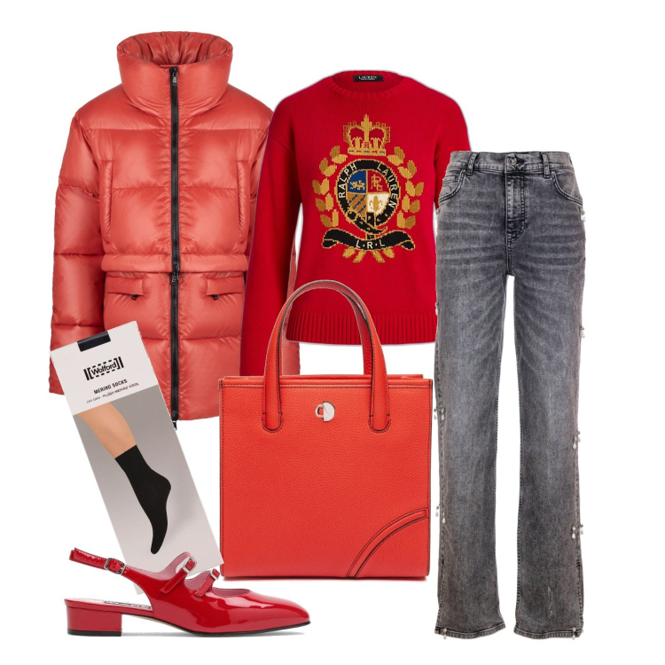 Outfit donna - Ghost outfitter - gennaio. Stile Glamour per Tutti i giorni. Abbinamento con jeans dritti, maglieria, piumini, shopping bag, décolleté, calzini.