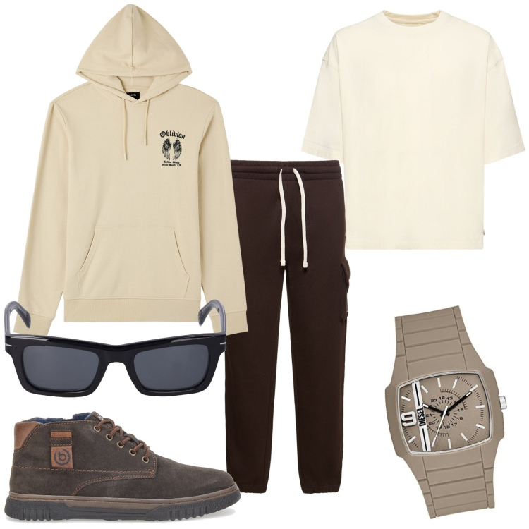 Outfit uomo - Total look sportivo per il week-end. Stile Casual per Tutti i giorni. Abbinamento con felpe con cappuccio, occhiali da sole, t-shirt, orologi, scarpe stringate, pantaloni cargo.