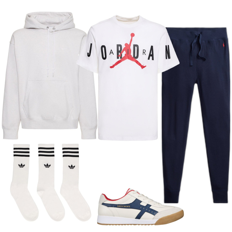 Outfit uomo - Tempo libero in comodità. Stile Casual per Sport. Abbinamento con pantaloni, sneakers, calzini, felpe con cappuccio, t-shirt.