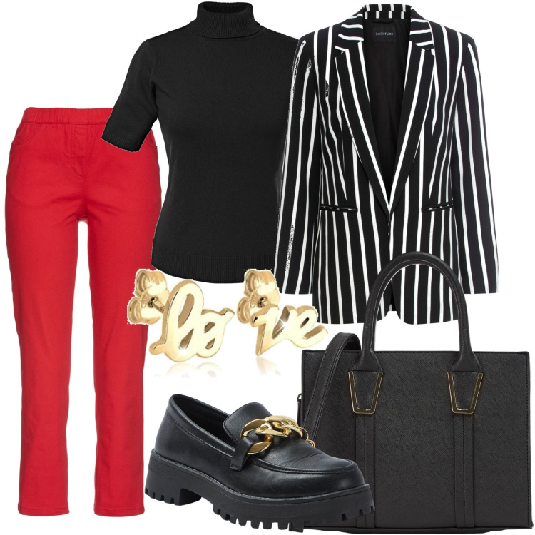 Outfit donna - Curvy Bonprix. Stile Casual per Ufficio. look ideale per Petite. Abbinamento con pantaloni, blazer, maglieria, shopping bag, mocassini, orecchini.