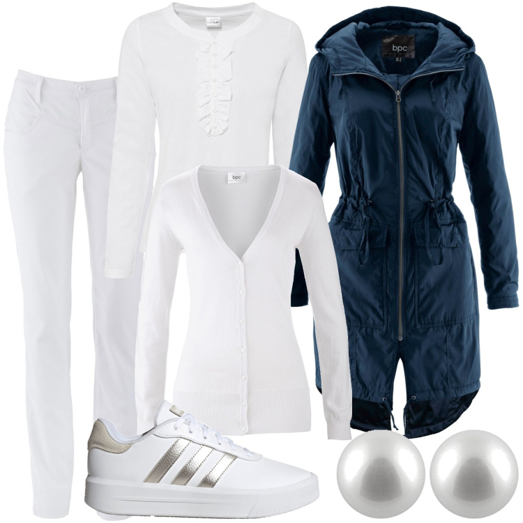 Outfit donna - Total look #1798762. Stile Casual per Tutti i giorni. Abbinamento con pantaloni, cappotti, cardigans, maglieria, sneakers, orecchini.