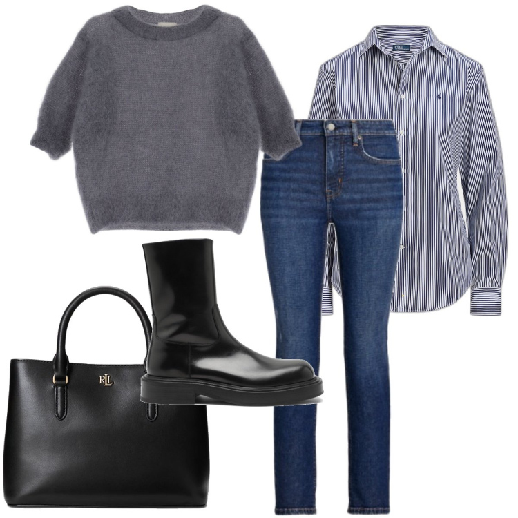 Outfit donna - La camicia a righe. Stile Casual per Tutti i giorni. Abbinamento con pullovers, camicie, borse a mano, jeans dritti, stivaletti.