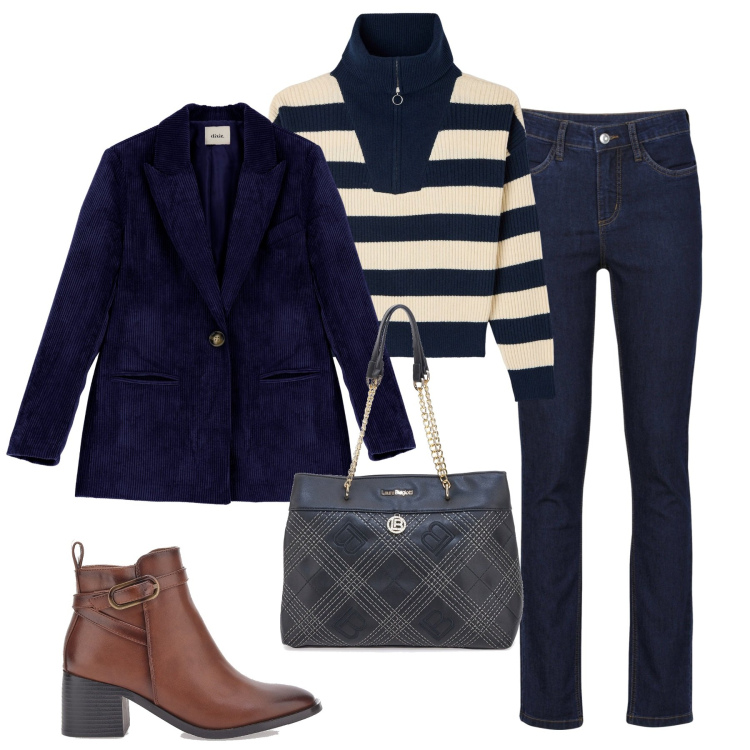 Outfit donna - Il pull a righe. Stile Basic per Tutti i giorni. Abbinamento con jeans, maglieria, cappotti, stivaletti, borse a spalla.