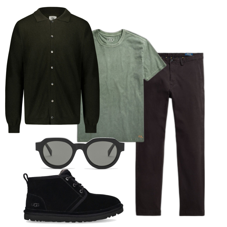 Outfit uomo - Inverno dark. Stile Urban per Tutti i giorni. Abbinamento con t-shirt, pantaloni, polo, occhiali da sole, scarpe stringate.