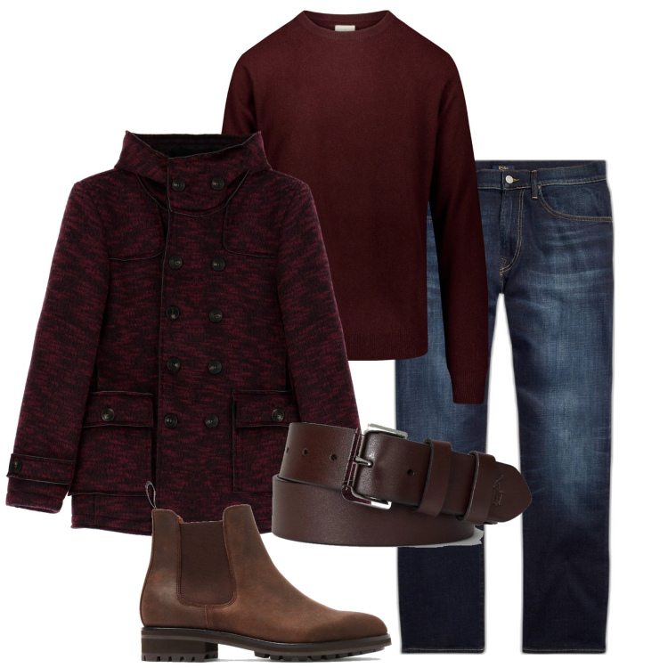 Outfit uomo - Inverno rouge. Stile Trendy per Tutti i giorni. Abbinamento con cappotti, jeans dritti, cinture, stivali e stivaletti, maglieria.