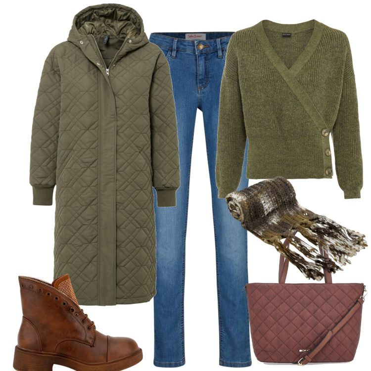 Outfit donna - City. Stile Basic per Tutti i giorni. Abbinamento con maglieria, jeans skinny, cappotti, stivaletti, sciarpe, borse a spalla.
