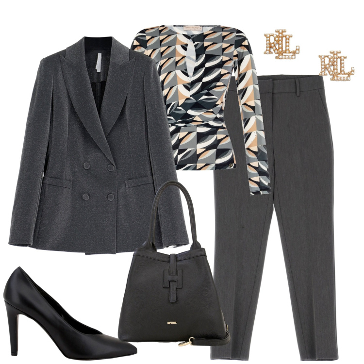 Outfit donna - In ufficio. Stile Chic per Ufficio. Abbinamento con maglieria, pantaloni, cappotti, borse a secchiello, décolleté, orecchini.
