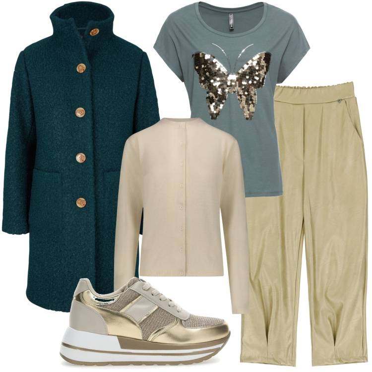 Outfit donna - Total look #1798818. Stile Casual per Tutti i giorni. Abbinamento con cappotti, bluse, pantaloni capri, cardigans, sneakers.