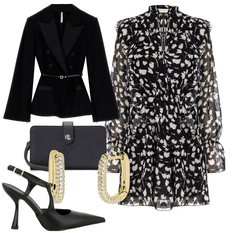 Outfit donna - Elegante. Stile Chic per Serata fuori. Abbinamento con blazer, décolleté, orecchini, vestiti corti, pochette.