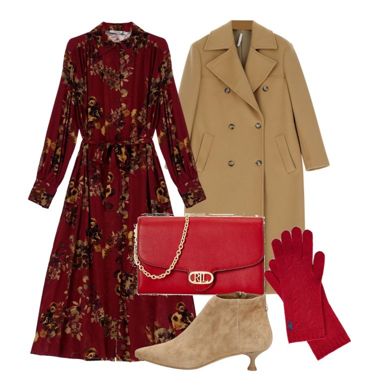 Outfit donna - Red winter. Stile Chic per Tutti i giorni. Abbinamento con vestiti midi/longuette, cappotti, stivaletti, borse a tracolla, guanti.
