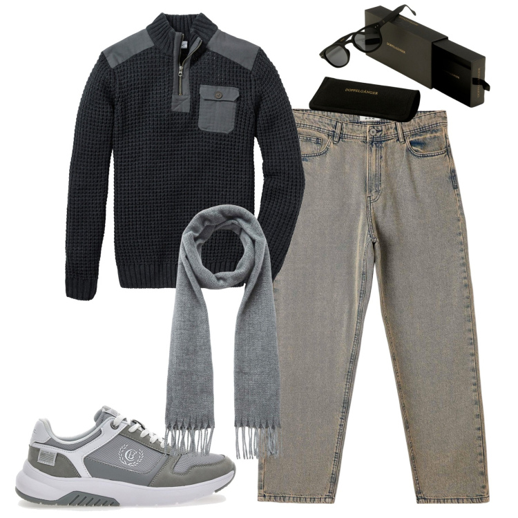 Outfit uomo - City. Stile Casual per Tutti i giorni. Abbinamento con maglieria, jeans, sciarpe, sneakers, occhiali da sole.