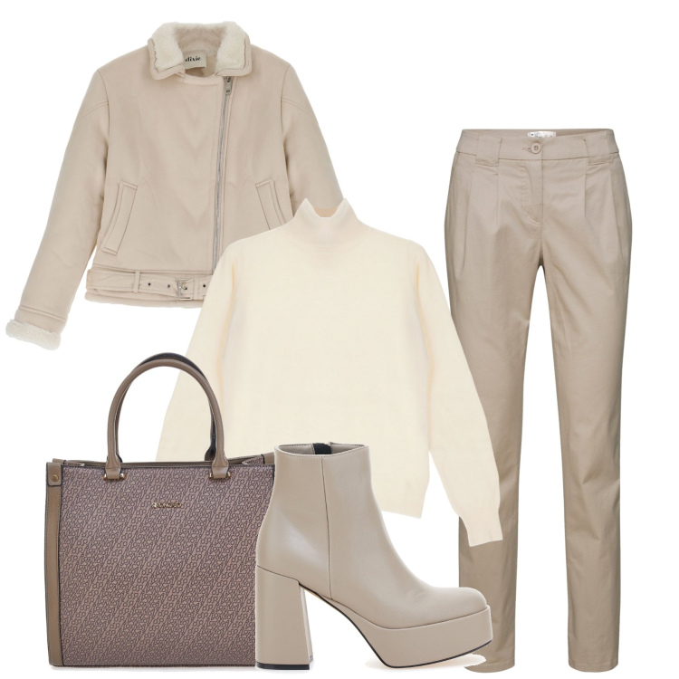Outfit donna - Inverno beige. Stile Basic per Tutti i giorni. Abbinamento con pantaloni chino, cappotti, maglieria, stivaletti, borse a mano.