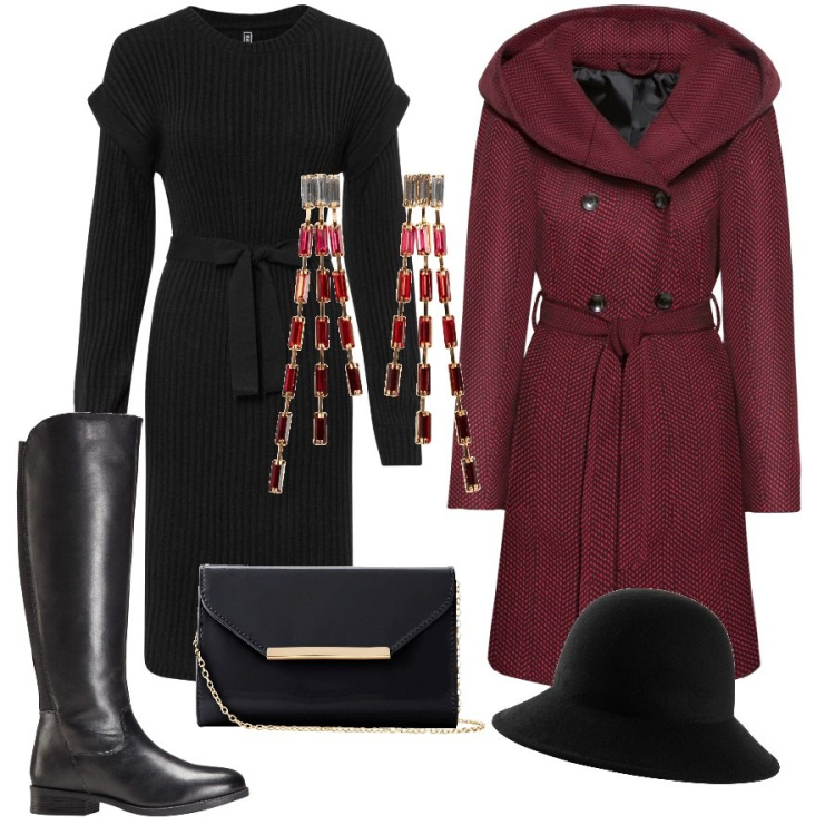Outfit donna - Total look #1798885. per Serata fuori. Abbinamento con cappotti, orecchini, vestiti, stivali, pochette, cappelli.