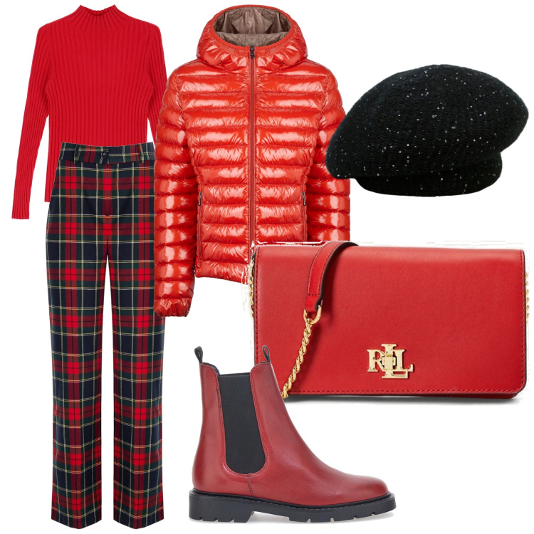 Outfit donna - Red. Stile Urban per Scuola/Università. Abbinamento con pantaloni, cappelli e berretti, maglieria, borse a mano, blazer, stivaletti chelsea.