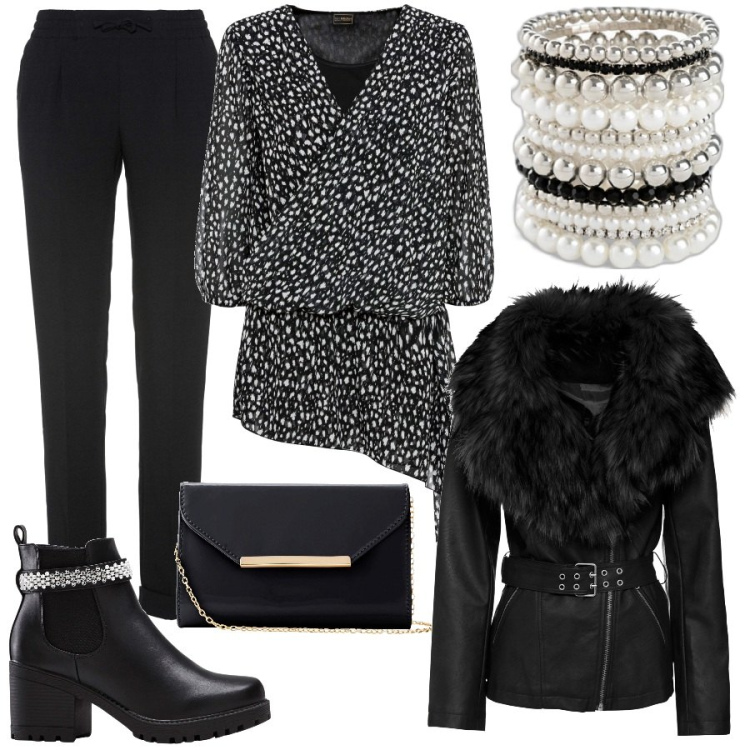 Outfit donna - Total look #1798902. Stile Rock per Serata fuori. Abbinamento con pantaloni, braccialetti, bluse, blazer, stivaletti, pochette.