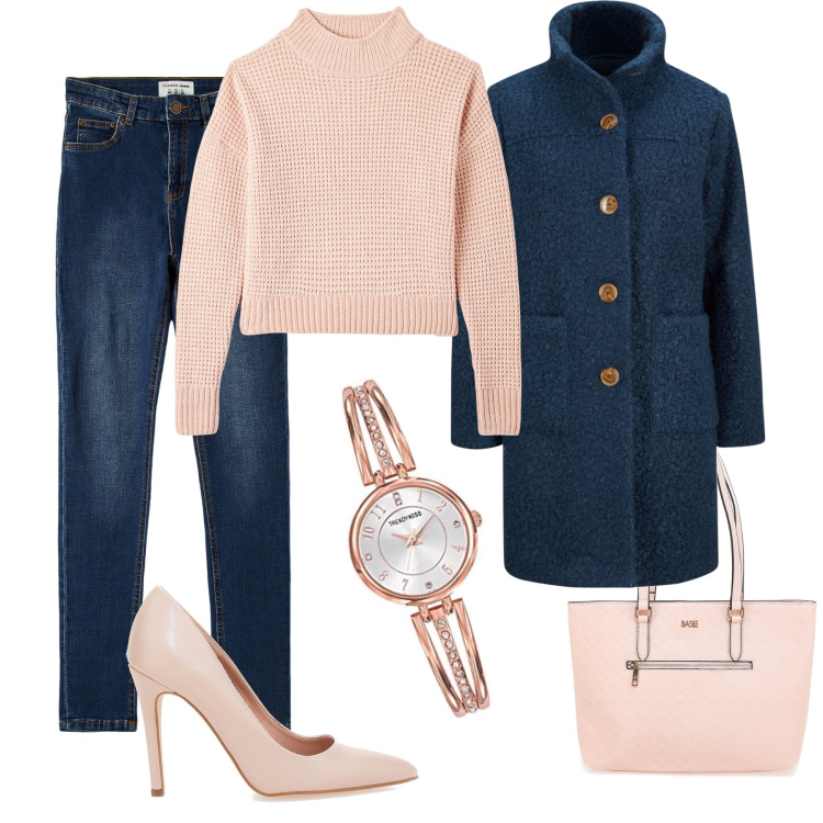 Outfit donna - Bon ton in jeans. Stile Bon Ton per Tutti i giorni. Abbinamento con cappotti, jeans skinny, maglieria, décolleté, orologi analogici, borse a spalla.