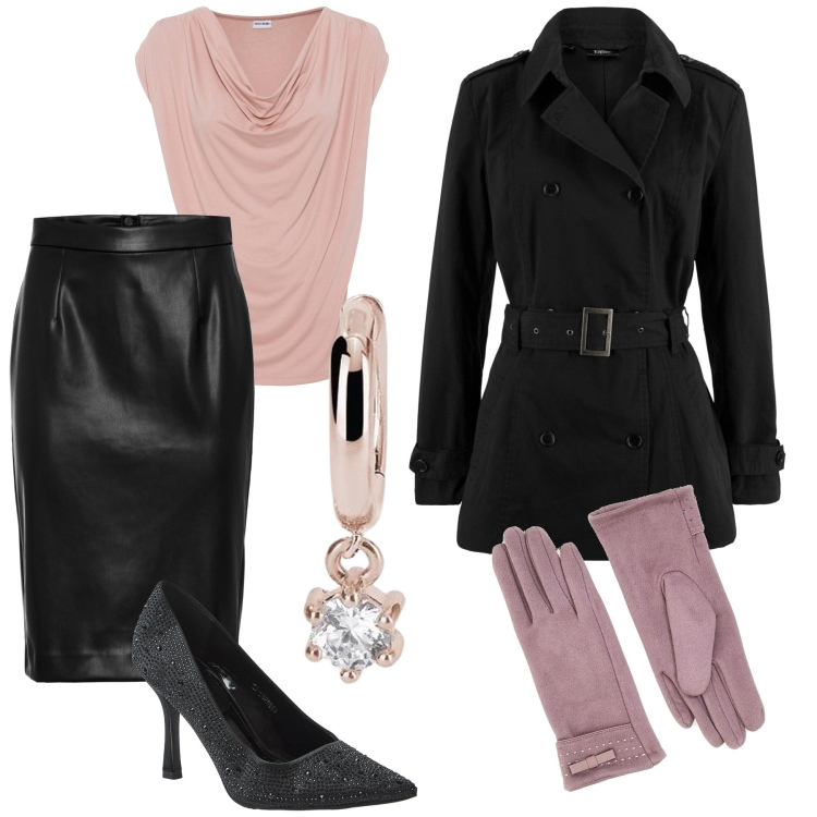 Outfit donna - Serata curvy. Stile Bon Ton per Serata fuori. Abbinamento con maglieria, gonne longuette, trench, décolleté, orecchini, guanti.