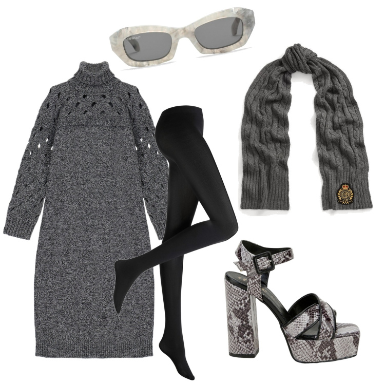 Outfit donna - Sandali pitonata. Stile Trendy per Tutti i giorni. Abbinamento con collant, sciarpe, vestiti lunghi, décolleté, occhiali da sole.