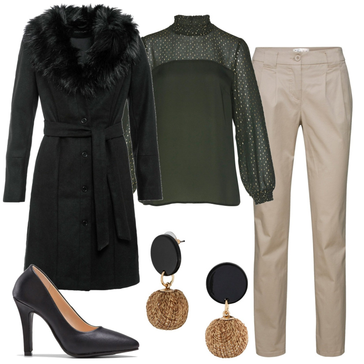 Outfit donna - Il cappotto con il collo. Stile Romantica per Serata fuori. Abbinamento con pantaloni chino, orecchini, cappotti, tuniche, décolleté.