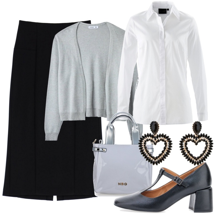 Outfit donna - Classica in ufficio. Stile Bon Ton per Ufficio. Abbinamento con camicie, cardigans, gonne longuette, orecchini, décolleté, borse a mano.