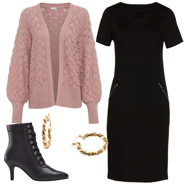 Outfit donna - Un po\' di rosa. Stile Romantica per Serata fuori. Abbinamento con cardigans, vestiti, orecchini, stivaletti.